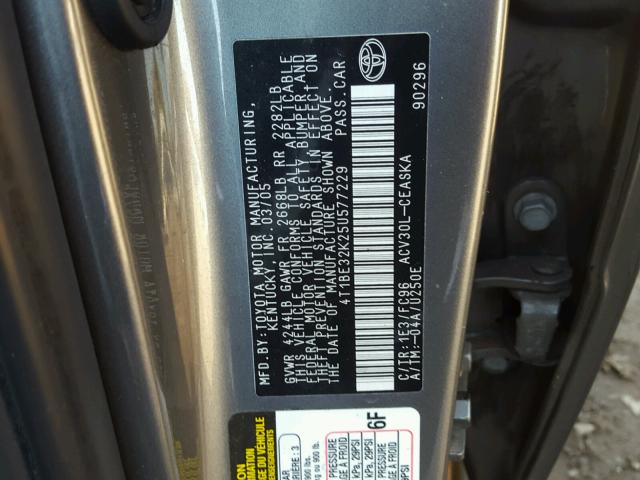 4T1BE32K25U577229 - 2005 TOYOTA CAMRY LE ნაცრისფერი ფოტო 10