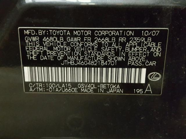 JTHBJ46G482184701 - 2008 LEXUS ES 350 BLACK photo 10