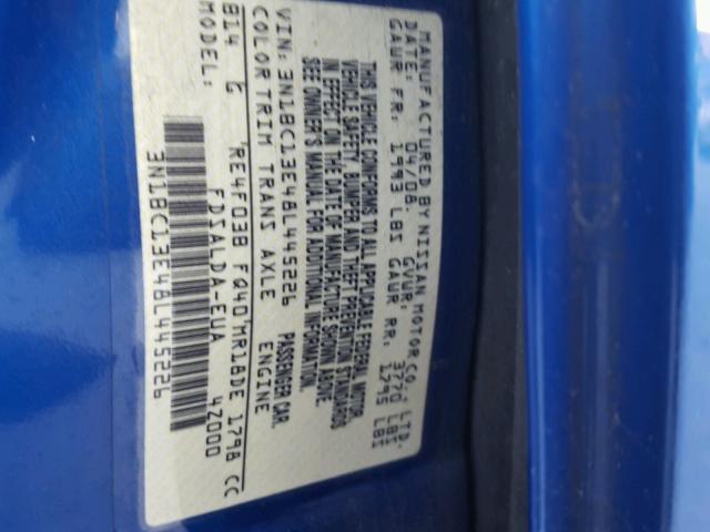 3N1BC13E48L445226 - 2008 NISSAN VERSA S BLUE photo 10