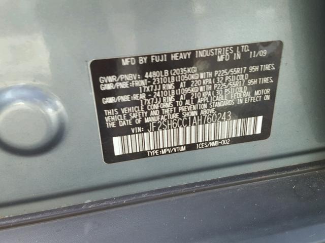 JF2SH6CC1AH760243 - 2010 SUBARU FORESTER 2 BLUE photo 10