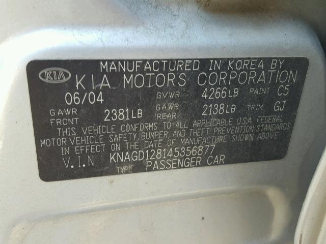 KNAGD128145356877 - 2004 KIA OPTIMA LX GRAY photo 10