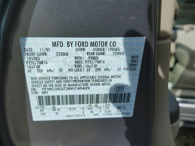 1FMCU03Z38KC45429 - 2008 FORD ESCAPE XLT SILVER photo 10