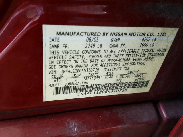 1N4AL11E06N310730 - 2006 NISSAN ALTIMA S RED photo 10