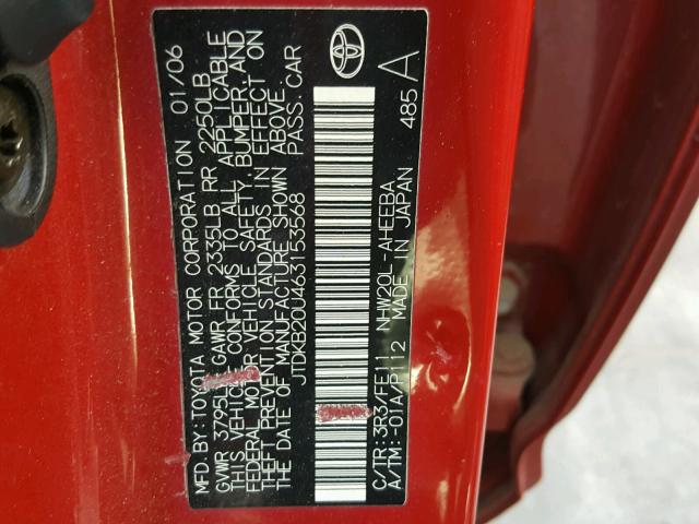 JTDKB20U463153568 - 2006 TOYOTA PRIUS RED photo 10