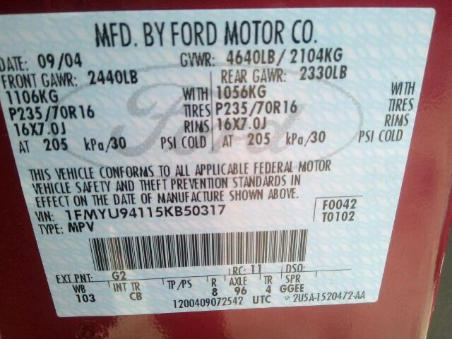 1FMYU94115KB50317 - 2005 FORD ESCAPE LIM BURGUNDY photo 10