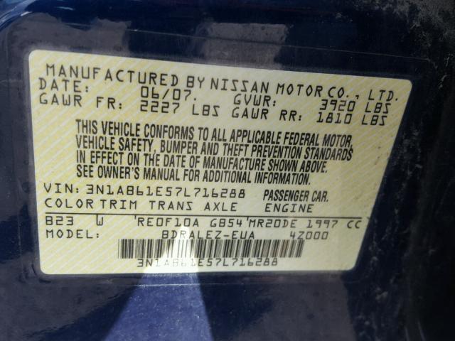 3N1AB61E57L716288 - 2007 NISSAN SENTRA 2.0 BLUE photo 10