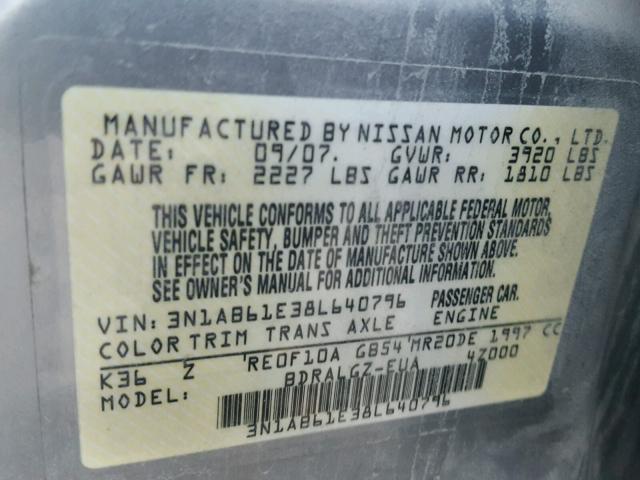 3N1AB61E38L640796 - 2008 NISSAN SENTRA 2.0 GRAY photo 10