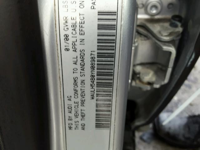 WAULH54B0YN089871 - 2000 AUDI A6 2.8 AVA SILVER photo 10