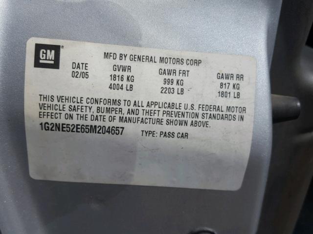 1G2NE52E65M204657 - 2005 PONTIAC GRAND AM S ვერცხლისფერი ფოტო 10