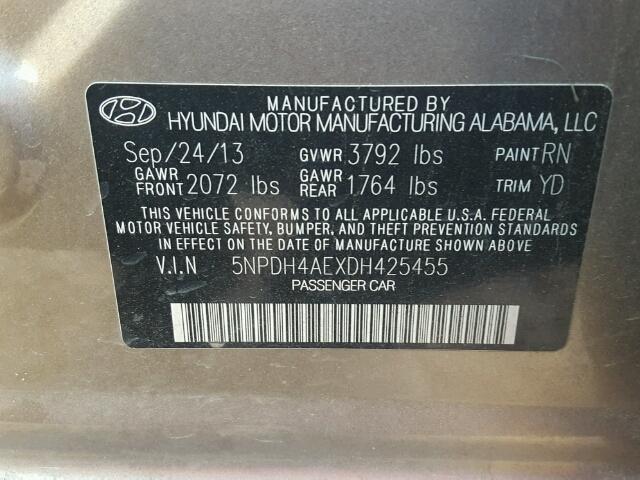 5NPDH4AEXDH425455 - 2013 HYUNDAI ELANTRA GL GRAY photo 10