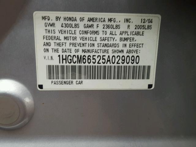 1HGCM66525A029090 - 2005 HONDA ACCORD EX SILVER photo 10