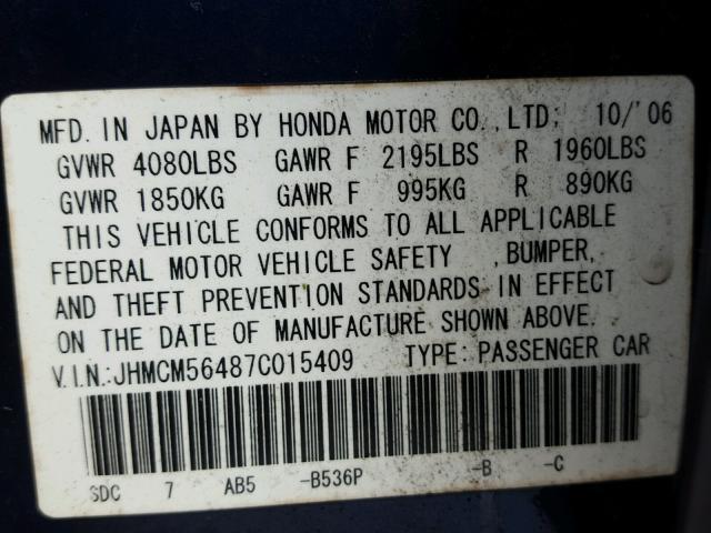 JHMCM56487C015409 - 2007 HONDA ACCORD LX BLUE photo 10