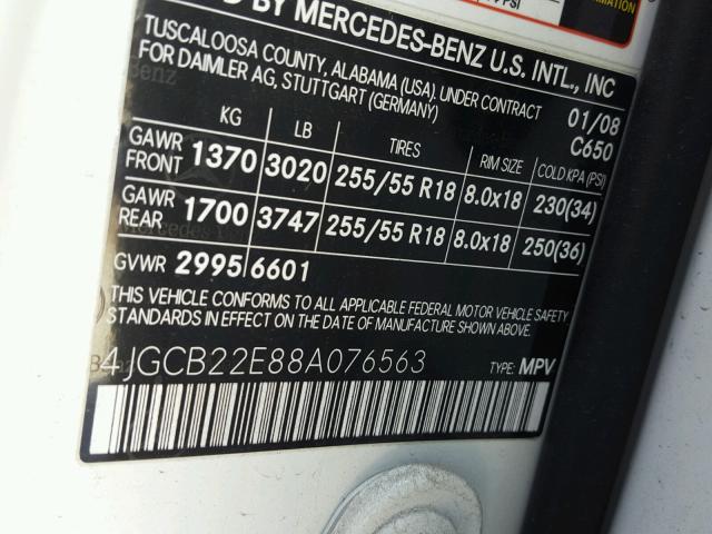 4JGCB22E88A076563 - 2008 MERCEDES-BENZ R 320 CDI WHITE photo 10