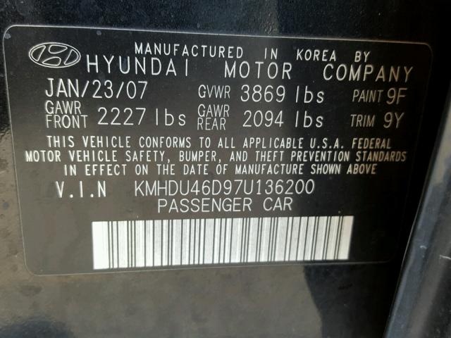 KMHDU46D97U136200 - 2007 HYUNDAI ELANTRA GL BLACK photo 10