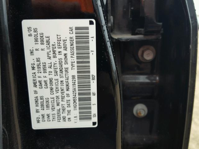 1HGCM55425A194298 - 2005 HONDA ACCORD LX BLACK photo 10