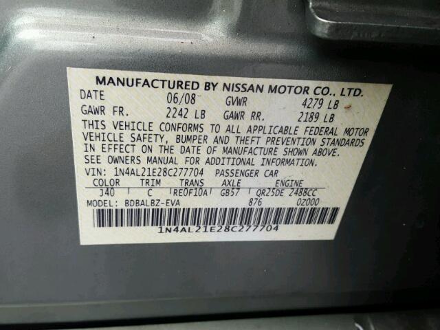 1N4AL21E28C277704 - 2008 NISSAN ALTIMA 2.5 GREEN photo 10