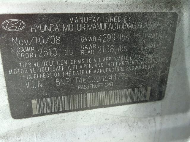 5NPET46C39H544773 - 2009 HYUNDAI SONATA GLS SILVER photo 10