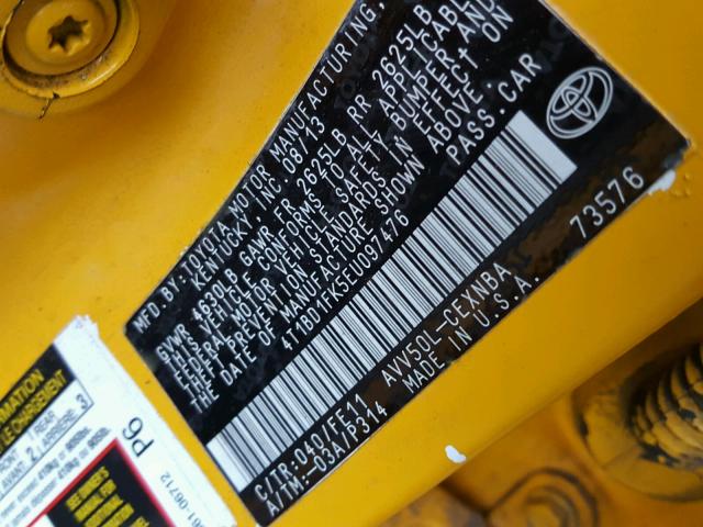 4T1BD1FK5EU097476 - 2014 TOYOTA CAMRY HYBR YELLOW photo 10