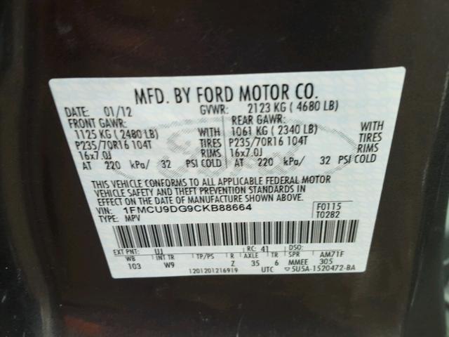 1FMCU9DG9CKB88664 - 2012 FORD ESCAPE XLT GRAY photo 10