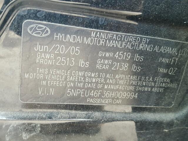 5NPEU46F36H009994 - 2006 HYUNDAI SONATA GLS BLACK photo 10