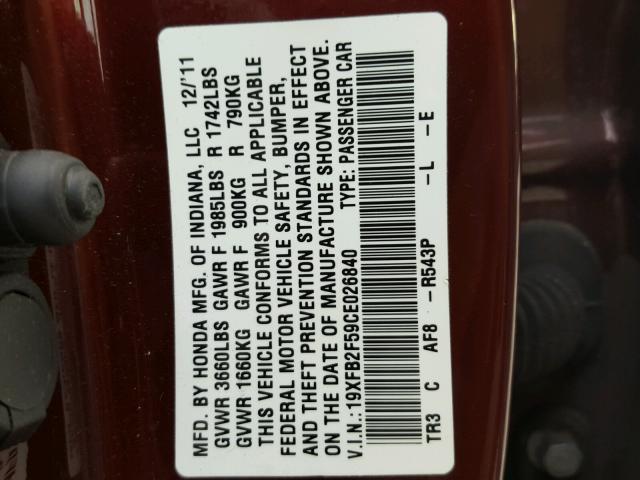 19XFB2F59CE026840 - 2012 HONDA CIVIC LX BURGUNDY photo 10