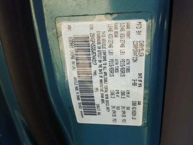 2B4GP45G6WR744317 - 1998 DODGE CARAVAN SE TEAL photo 10