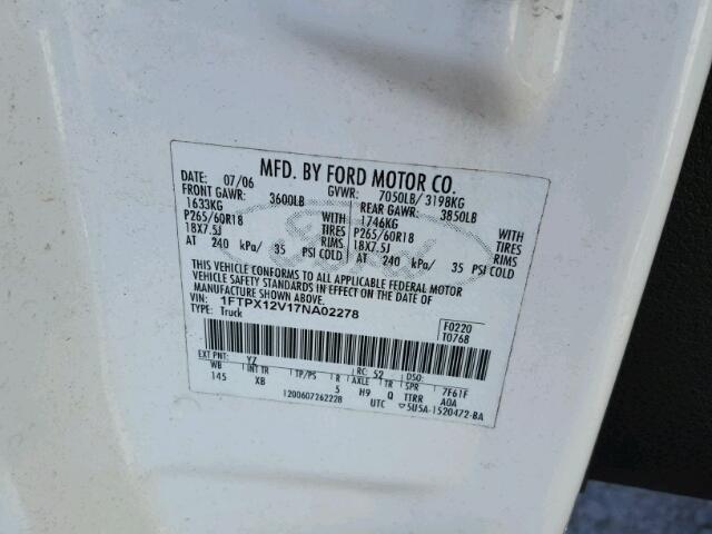 1FTPX12V17NA02278 - 2007 FORD F150 WHITE photo 10