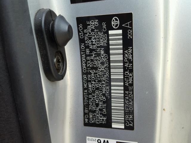 JTKDE177360130707 - 2006 TOYOTA SCION TC 银色 照片 10