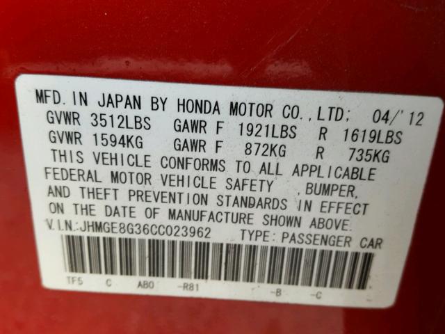 JHMGE8G36CC023962 - 2012 HONDA FIT RED photo 10