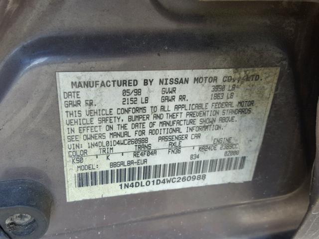 1N4DL01D4WC260988 - 1998 NISSAN ALTIMA XE GRAY photo 10