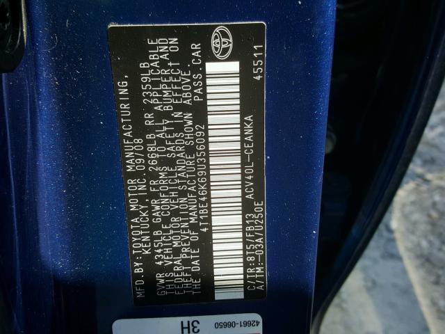 4T1BE46K69U356092 - 2009 TOYOTA CAMRY BASE BLUE photo 10