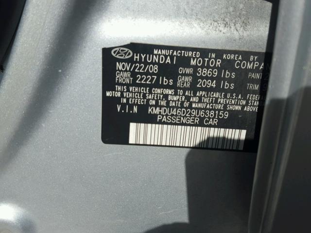 KMHDU46D29U638159 - 2009 HYUNDAI ELANTRA GL SILVER photo 10