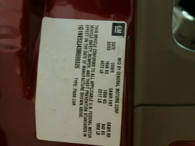 1G1NE52J43M699326 - 2003 CHEVROLET MALIBU LS MAROON photo 10