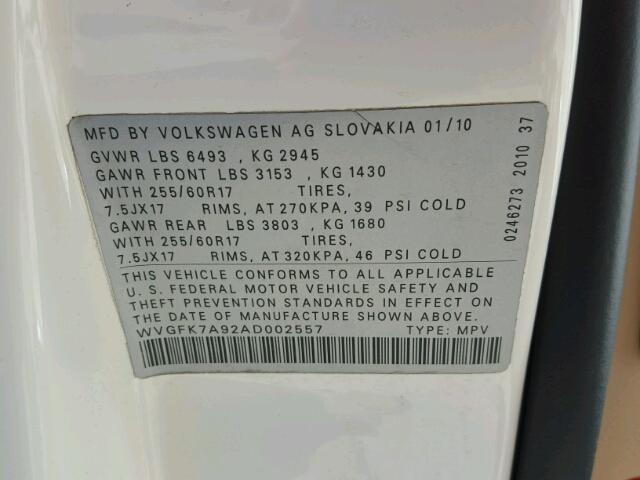 WVGFK7A92AD002557 - 2010 VOLKSWAGEN TOUAREG TD WHITE photo 10