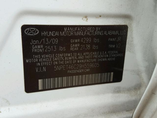 5NPET46C29H559605 - 2009 HYUNDAI SONATA GLS WHITE photo 10