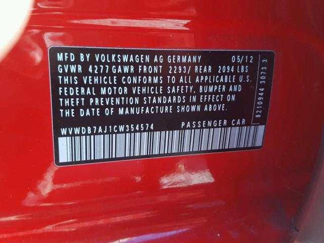 WVWDB7AJ1CW354574 - 2012 VOLKSWAGEN GOLF 红色 照片 10