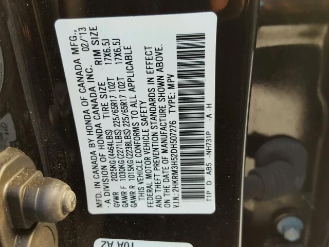 2HKRM3H52DH507276 - 2013 HONDA CR-V EX BLACK photo 10