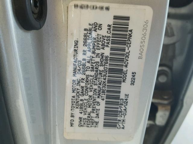 4T1BE32K43U207686 - 2003 TOYOTA CAMRY LE SILVER photo 10