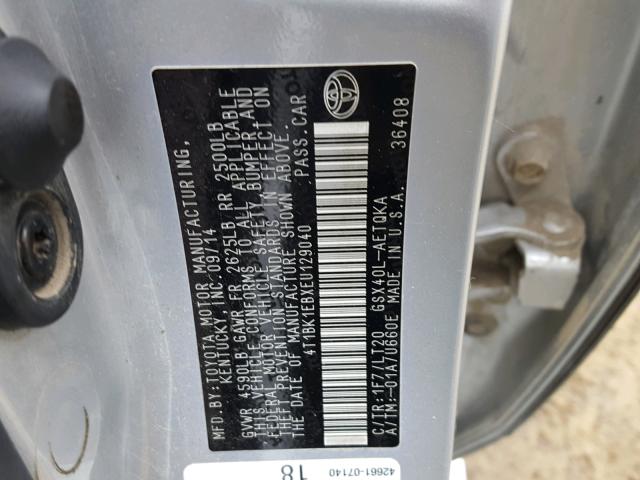 4T1BK1EBXEU129040 - 2014 TOYOTA AVALON BAS SILVER photo 10