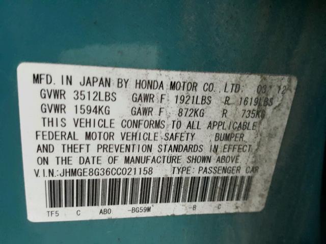 JHMGE8G36CC021158 - 2012 HONDA FIT BLUE photo 10