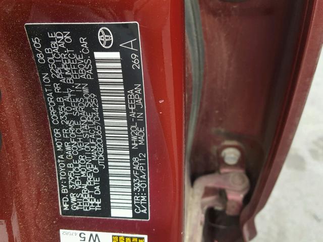 JTDKB20U657044259 - 2005 TOYOTA PRIUS RED photo 10