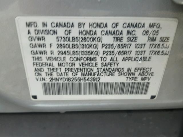 2HNYD18255H543912 - 2005 ACURA MDX SILVER photo 10