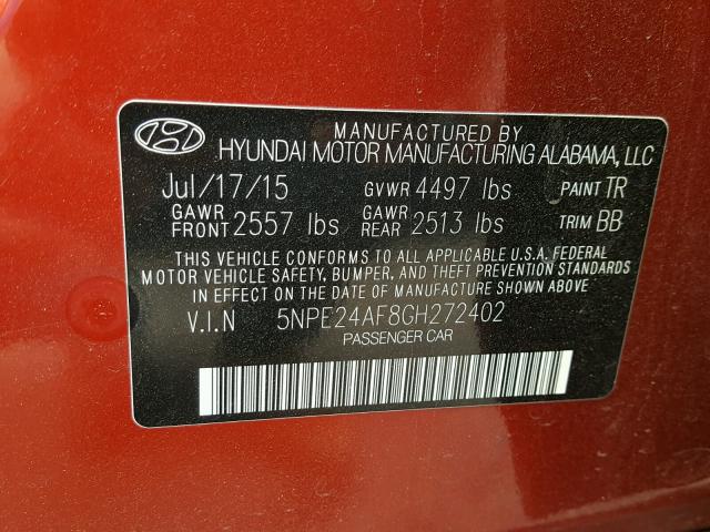 5NPE24AF8GH272402 - 2016 HYUNDAI SONATA SE RED photo 10