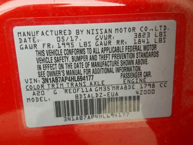 3N1AB7AP4HL694177 - 2017 NISSAN SENTRA S RED photo 10