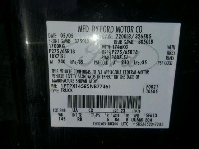 1FTPX14585NB77461 - 2005 FORD F150 BLACK photo 10