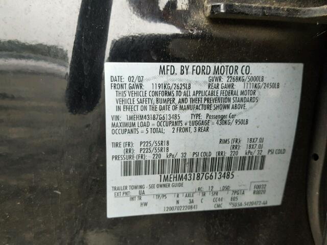 1MEHM43187G613485 - 2007 MERCURY MONTEGO PR 黑色 照片 10