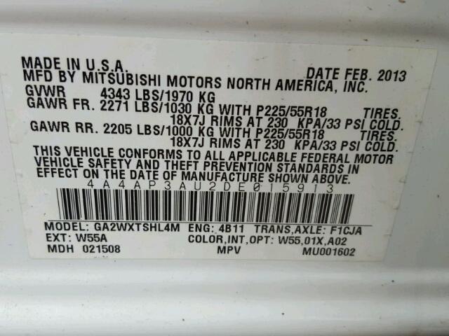 4A4AP3AU2DE015913 - 2013 MITSUBISHI OUTLANDER WHITE photo 10