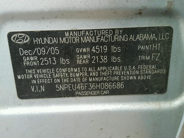 5NPEU46F36H086686 - 2006 HYUNDAI SONATA GLS SILVER photo 10