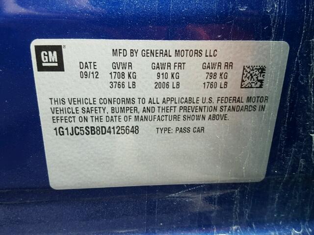 1G1JC5SB8D4125648 - 2013 CHEVROLET SONIC LT 蓝色 照片 10