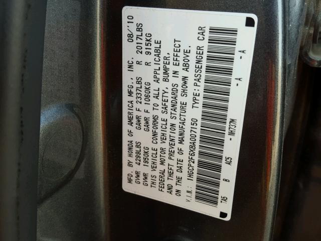 1HGCP2F6XBA007150 - 2011 HONDA ACCORD SE GRAY photo 10